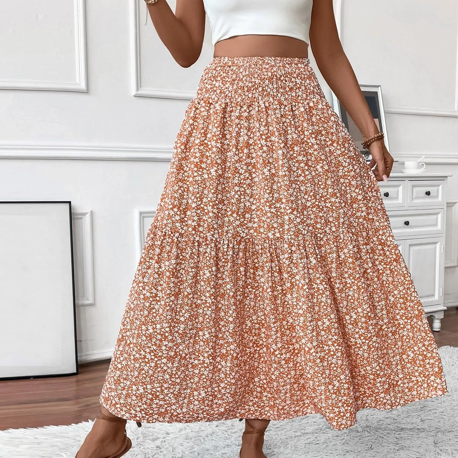 Elastic High Waist Floral Print Boho Maxi Skirt Women Tiered Pleated Flowy Long Summer Beach Skirt