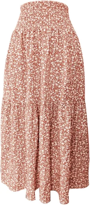 Elastic High Waist Floral Print Boho Maxi Skirt Women Tiered Pleated Flowy Long Summer Beach Skirt