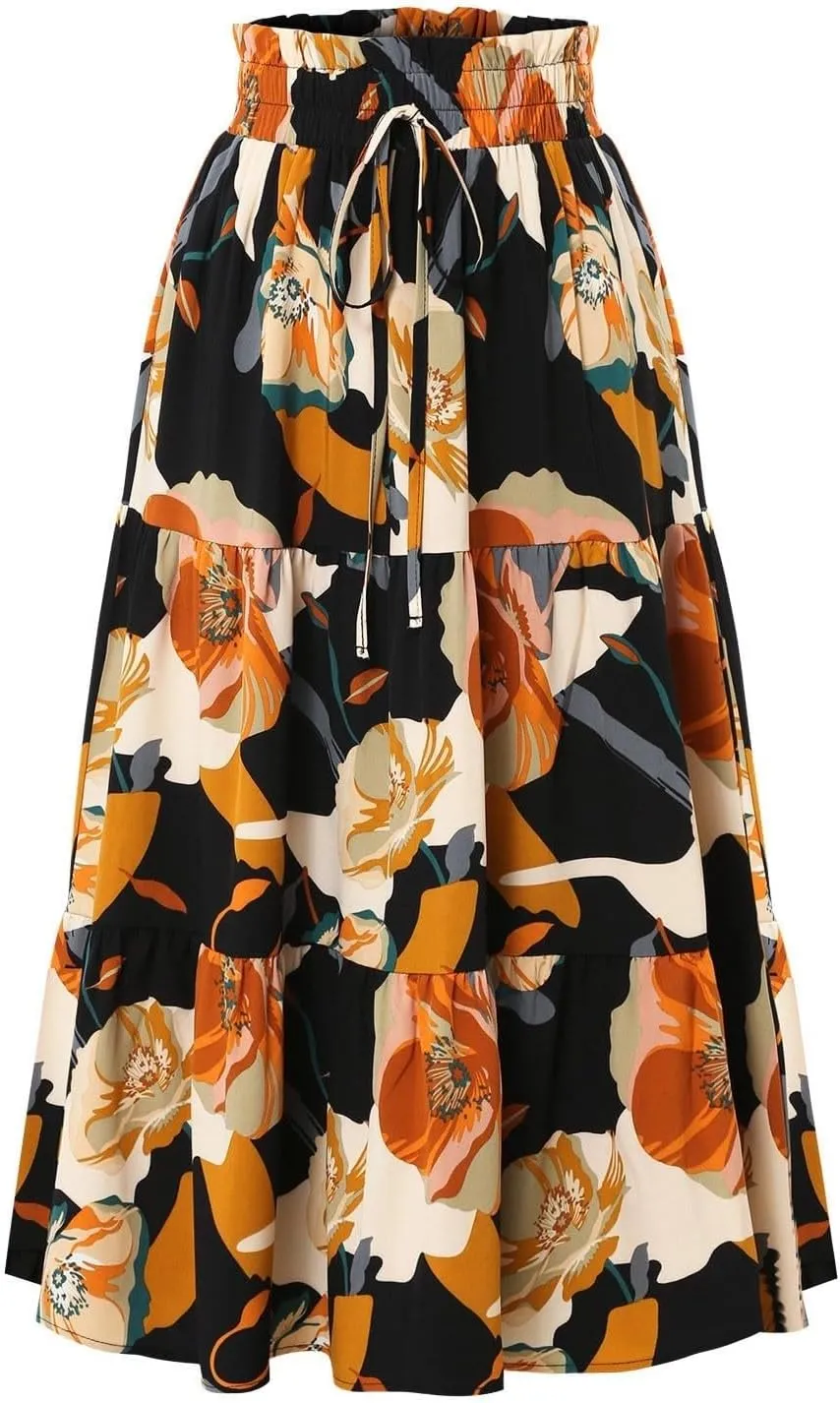 Elastic High Waist Flowy Long Skirts Women Boho Floral Tiered Pleated Summer Casual Beach Maxi Skirt