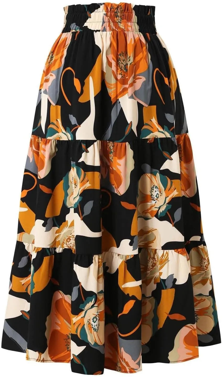 Elastic High Waist Flowy Long Skirts Women Boho Floral Tiered Pleated Summer Casual Beach Maxi Skirt
