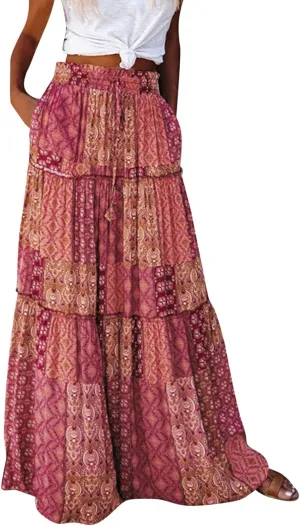 Elastic High Waist Flowy Maxi Skirts Women Boho Floral Summer Tiered Pleated A Line Long Skirt with Pockets Beach