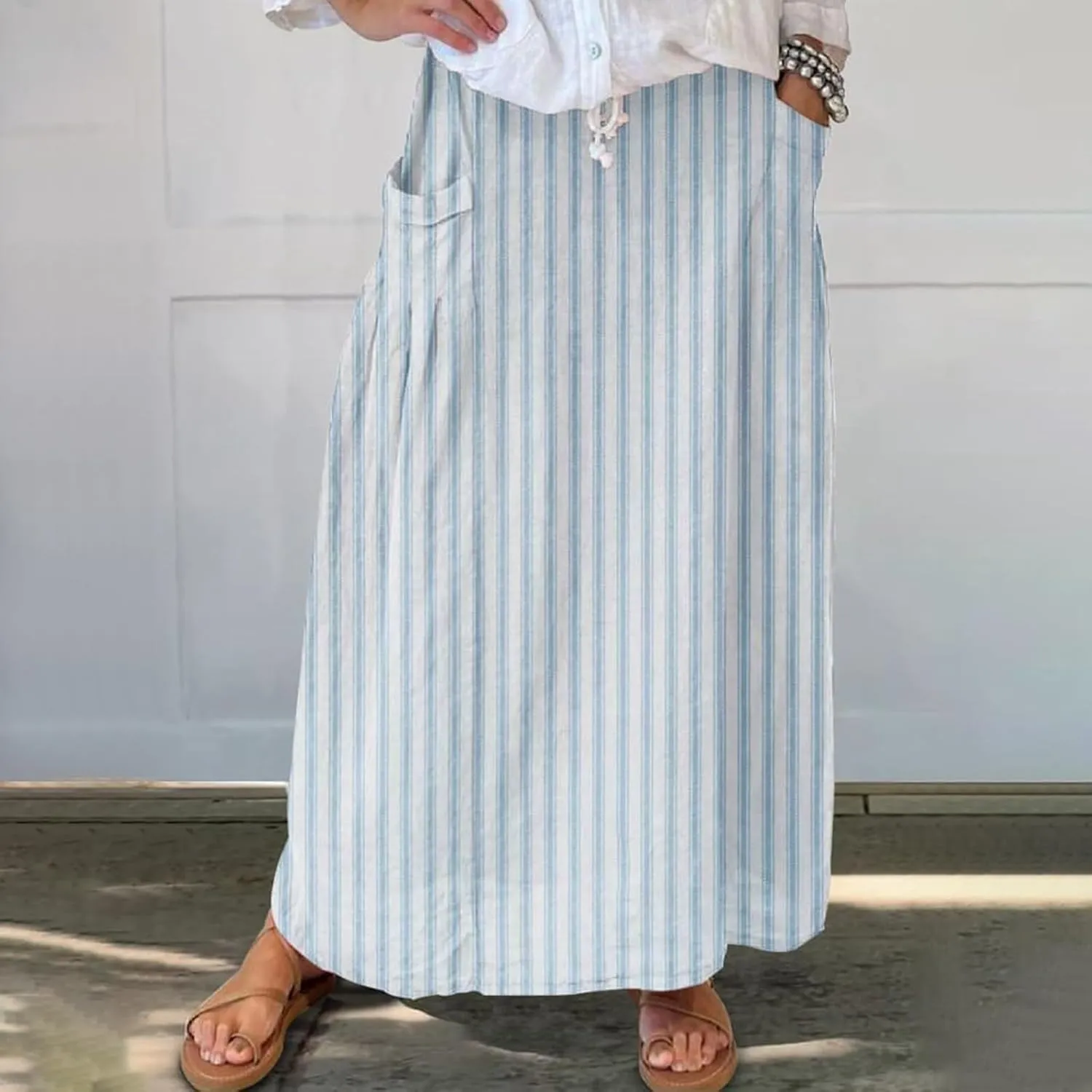 Elastic High Waist Flowy Maxi Skirts Women Boho Floral Summer Tiered Pleated A Line Long Skirt with Pockets Beach