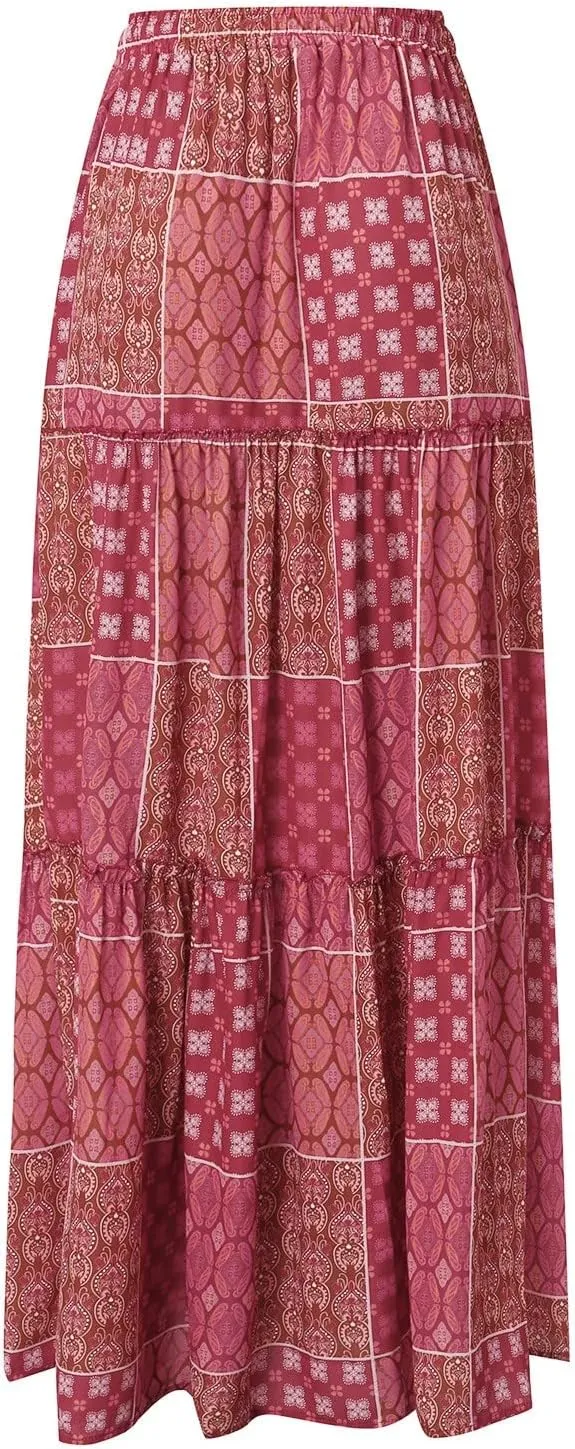 Elastic High Waist Flowy Maxi Skirts Women Boho Floral Summer Tiered Pleated A Line Long Skirt with Pockets Beach
