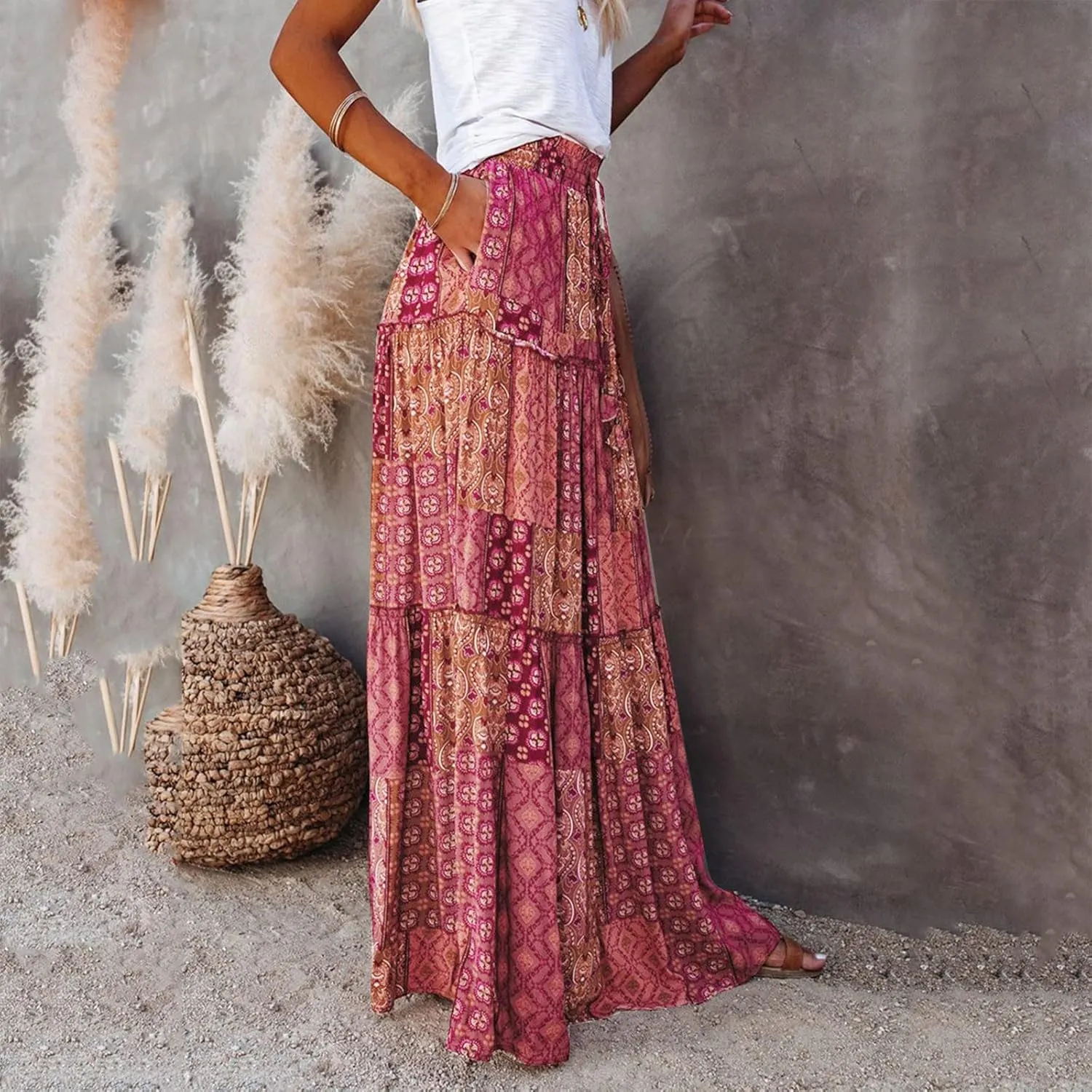 Elastic High Waist Flowy Maxi Skirts Women Boho Floral Summer Tiered Pleated A Line Long Skirt with Pockets Beach
