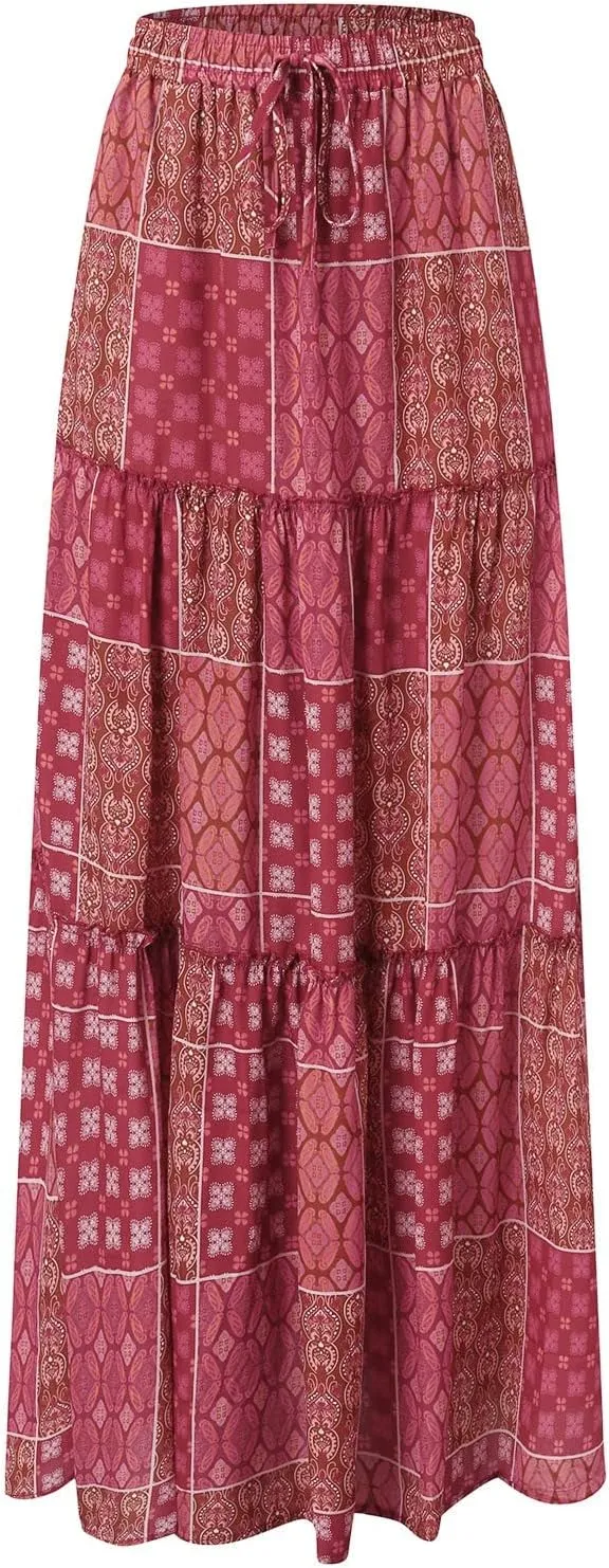 Elastic High Waist Flowy Maxi Skirts Women Boho Floral Summer Tiered Pleated A Line Long Skirt with Pockets Beach