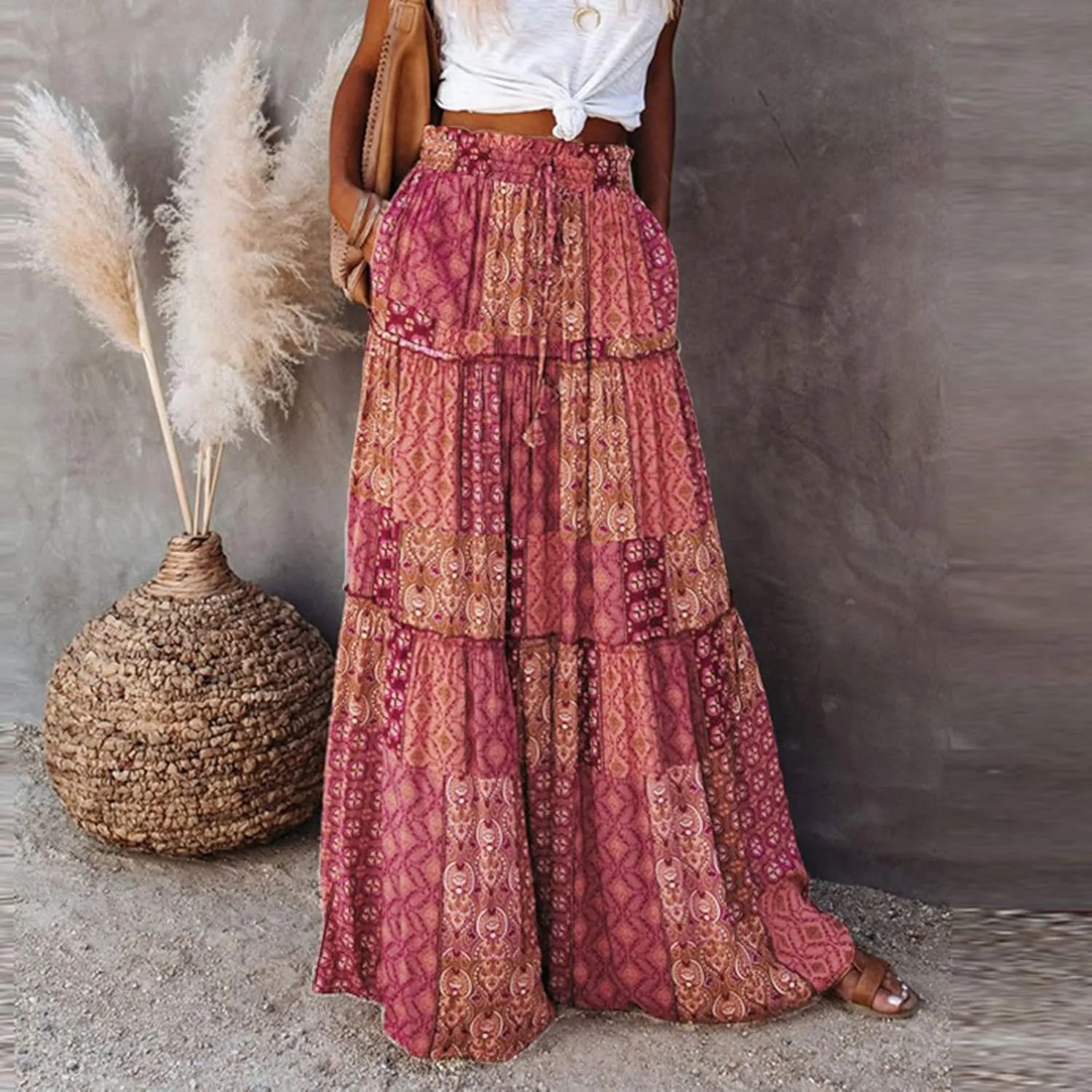 Elastic High Waist Flowy Maxi Skirts Women Boho Floral Summer Tiered Pleated A Line Long Skirt with Pockets Beach