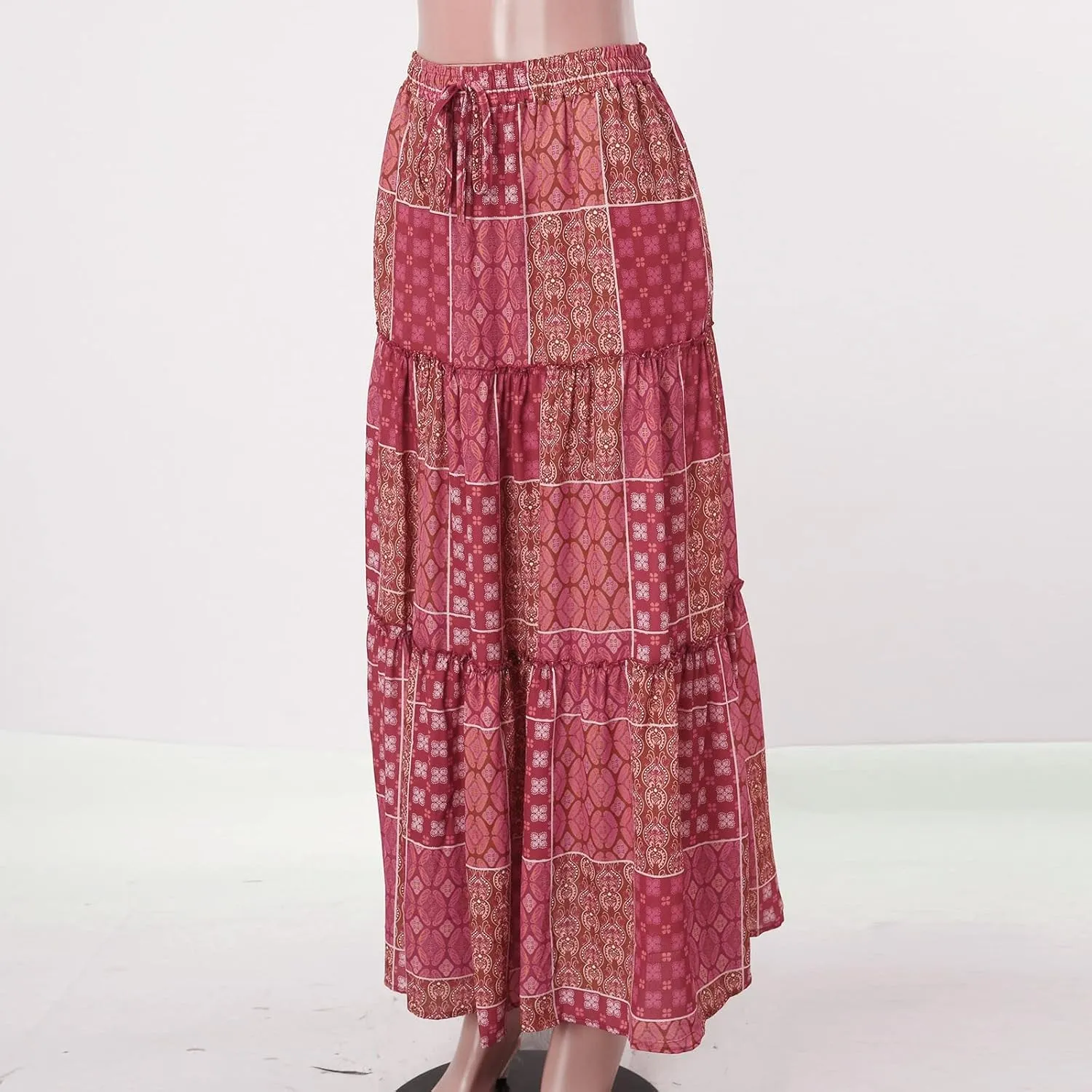 Elastic High Waist Flowy Maxi Skirts Women Boho Floral Summer Tiered Pleated A Line Long Skirt with Pockets Beach