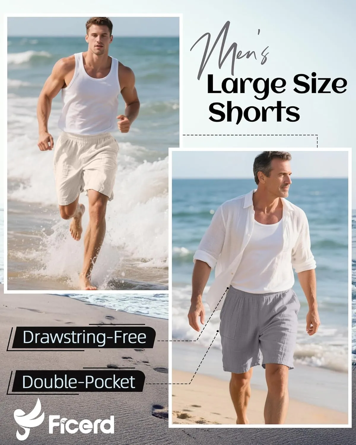 Ficerd 2 Pack Men's Big and Tall Linen Bermuda Shorts, Summer Casual Elastic Waist Flat Front Beach Shorts Pants with Pockets