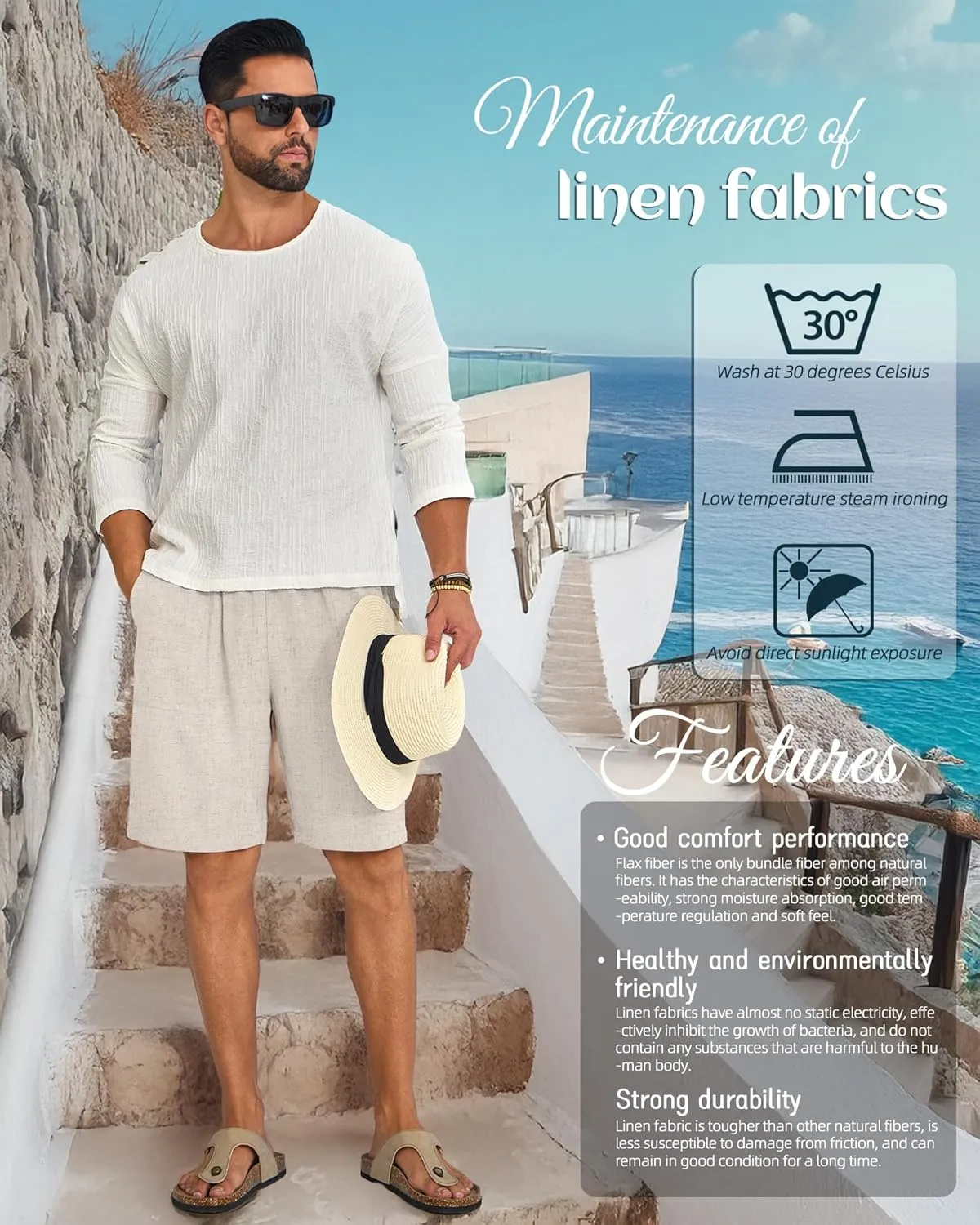 Ficerd 2 Pack Men's Big and Tall Linen Bermuda Shorts, Summer Casual Elastic Waist Flat Front Beach Shorts Pants with Pockets