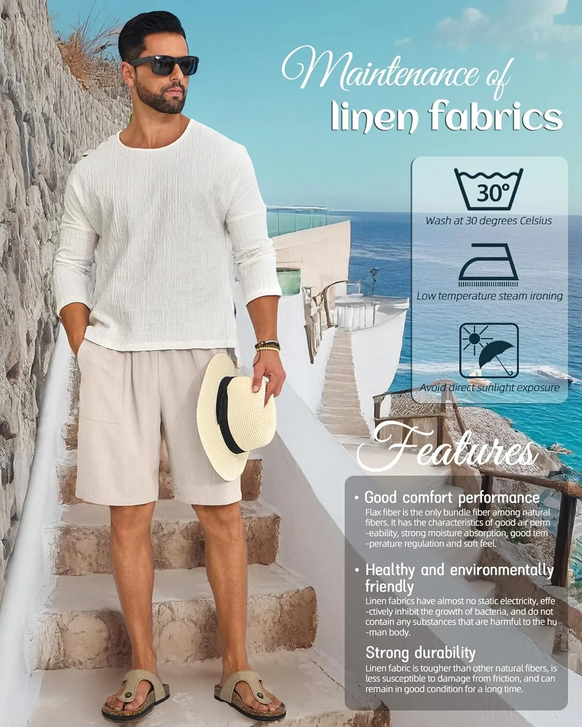Ficerd 2 Pack Men's Big and Tall Linen Bermuda Shorts, Summer Casual Elastic Waist Flat Front Beach Shorts Pants with Pockets