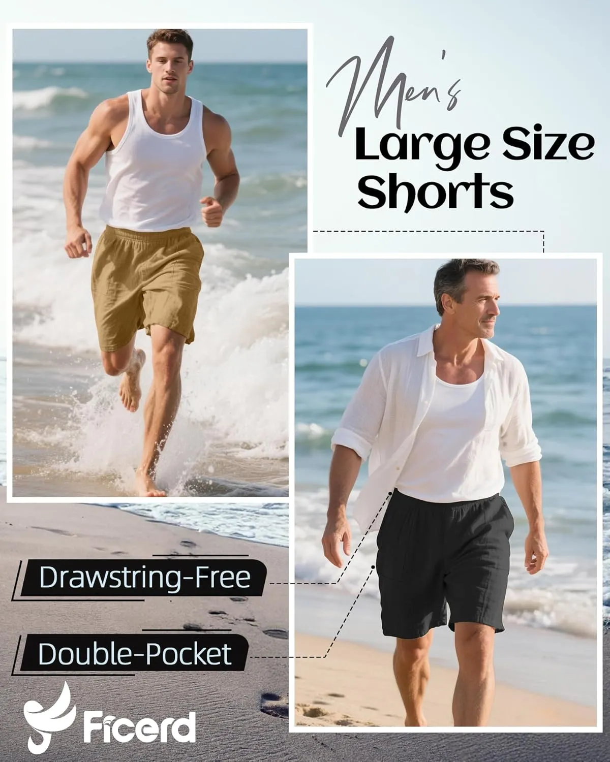 Ficerd 2 Pack Men's Big and Tall Linen Bermuda Shorts, Summer Casual Elastic Waist Flat Front Beach Shorts Pants with Pockets