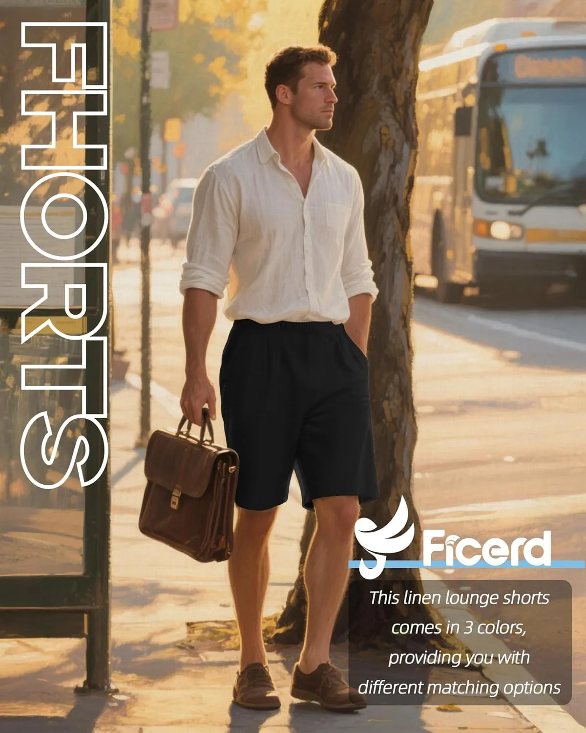 Ficerd 2 Pack Men's Big and Tall Linen Bermuda Shorts, Summer Casual Elastic Waist Flat Front Beach Shorts Pants with Pockets