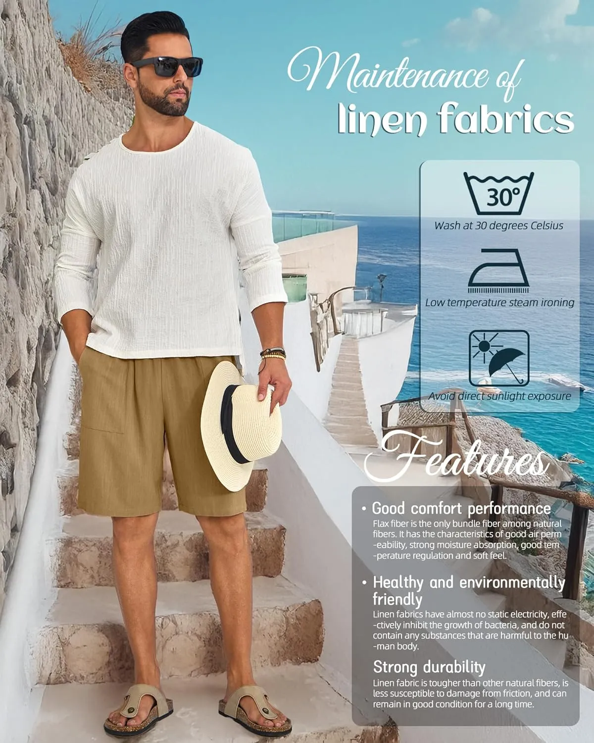 Ficerd 2 Pack Men's Big and Tall Linen Bermuda Shorts, Summer Casual Elastic Waist Flat Front Beach Shorts Pants with Pockets