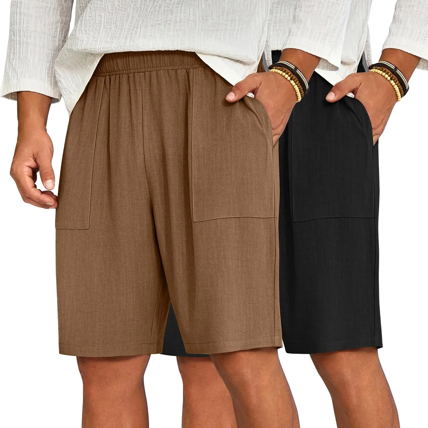 Ficerd 2 Pack Men's Big and Tall Linen Bermuda Shorts, Summer Casual Elastic Waist Flat Front Beach Shorts Pants with Pockets