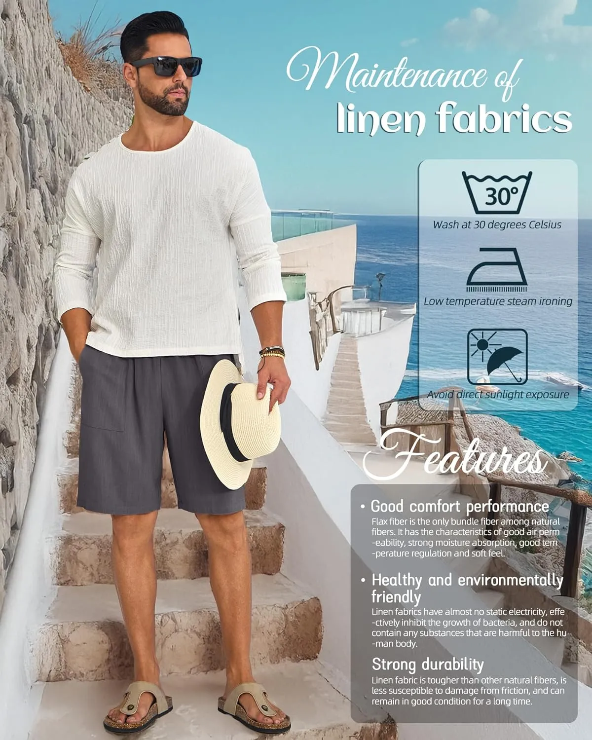 Ficerd 2 Pack Men's Big and Tall Linen Bermuda Shorts, Summer Casual Elastic Waist Flat Front Beach Shorts Pants with Pockets