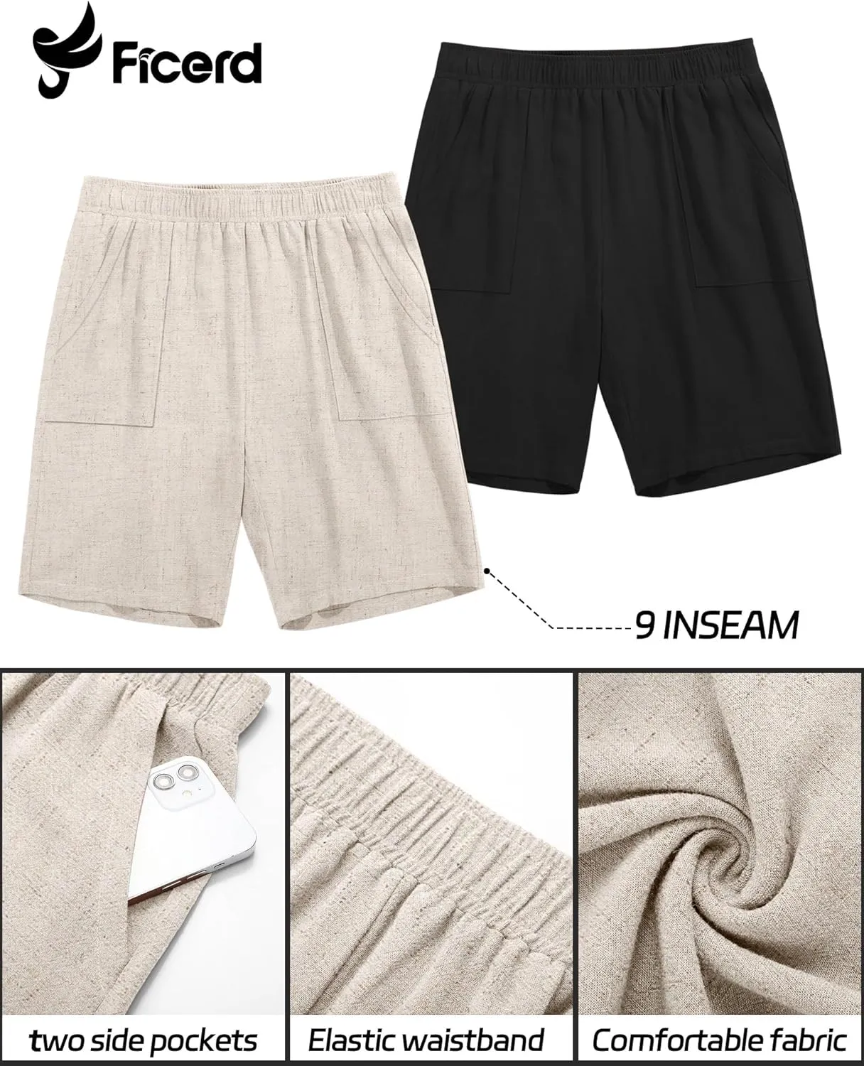 Ficerd 2 Pack Men's Big and Tall Linen Bermuda Shorts, Summer Casual Elastic Waist Flat Front Beach Shorts Pants with Pockets