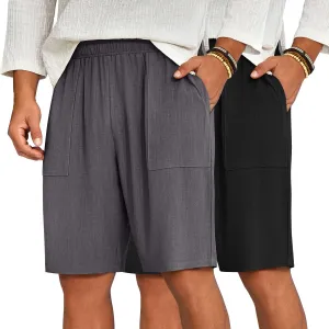 Ficerd 2 Pack Men's Big and Tall Linen Bermuda Shorts, Summer Casual Elastic Waist Flat Front Beach Shorts Pants with Pockets