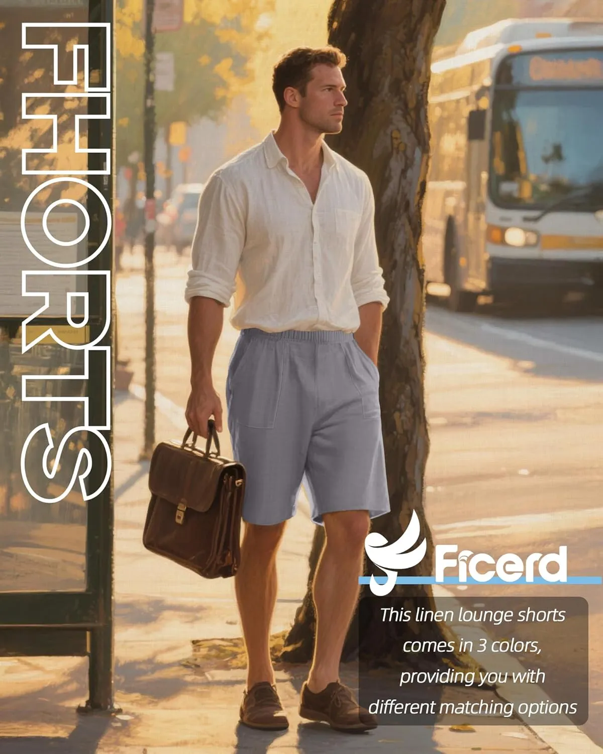 Ficerd 2 Pack Men's Big and Tall Linen Bermuda Shorts, Summer Casual Elastic Waist Flat Front Beach Shorts Pants with Pockets
