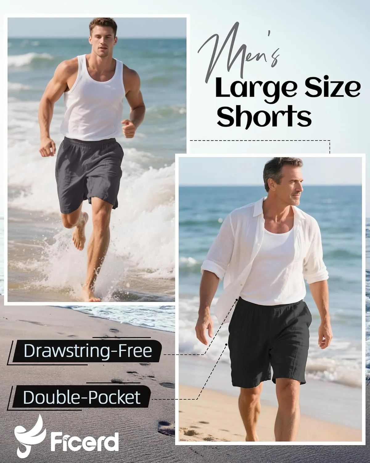 Ficerd 2 Pack Men's Big and Tall Linen Bermuda Shorts, Summer Casual Elastic Waist Flat Front Beach Shorts Pants with Pockets