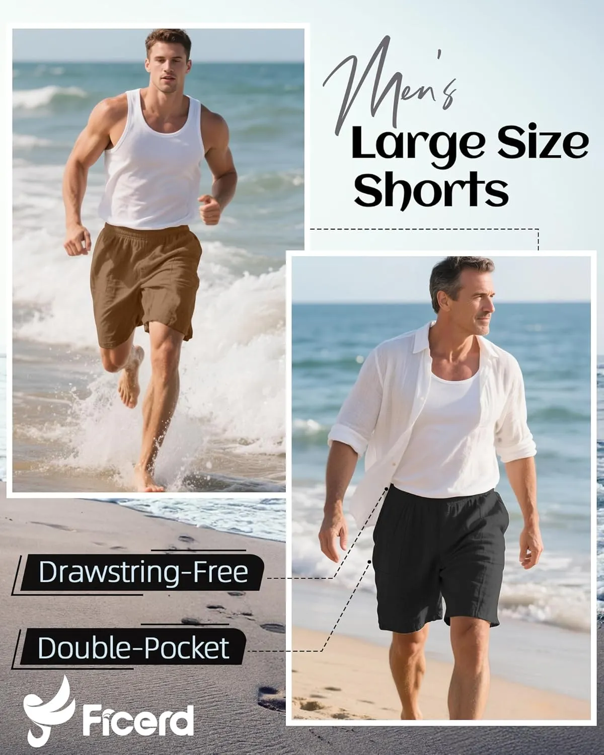 Ficerd 2 Pack Men's Big and Tall Linen Bermuda Shorts, Summer Casual Elastic Waist Flat Front Beach Shorts Pants with Pockets