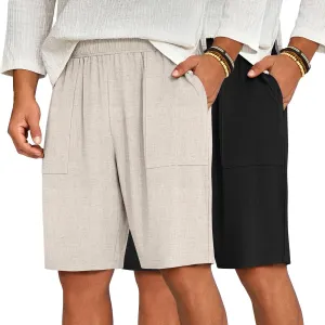 Ficerd 2 Pack Men's Big and Tall Linen Bermuda Shorts, Summer Casual Elastic Waist Flat Front Beach Shorts Pants with Pockets