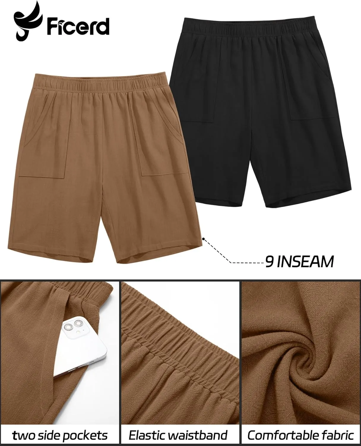 Ficerd 2 Pack Men's Big and Tall Linen Bermuda Shorts, Summer Casual Elastic Waist Flat Front Beach Shorts Pants with Pockets