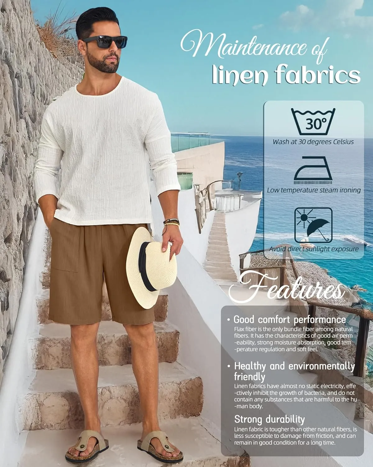 Ficerd 2 Pack Men's Big and Tall Linen Bermuda Shorts, Summer Casual Elastic Waist Flat Front Beach Shorts Pants with Pockets