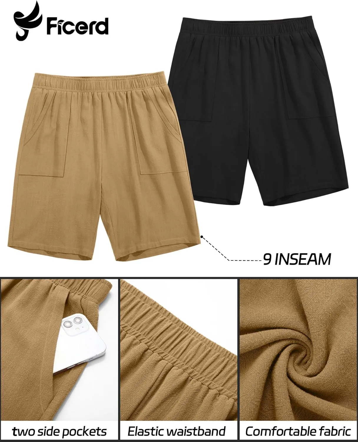 Ficerd 2 Pack Men's Big and Tall Linen Bermuda Shorts, Summer Casual Elastic Waist Flat Front Beach Shorts Pants with Pockets