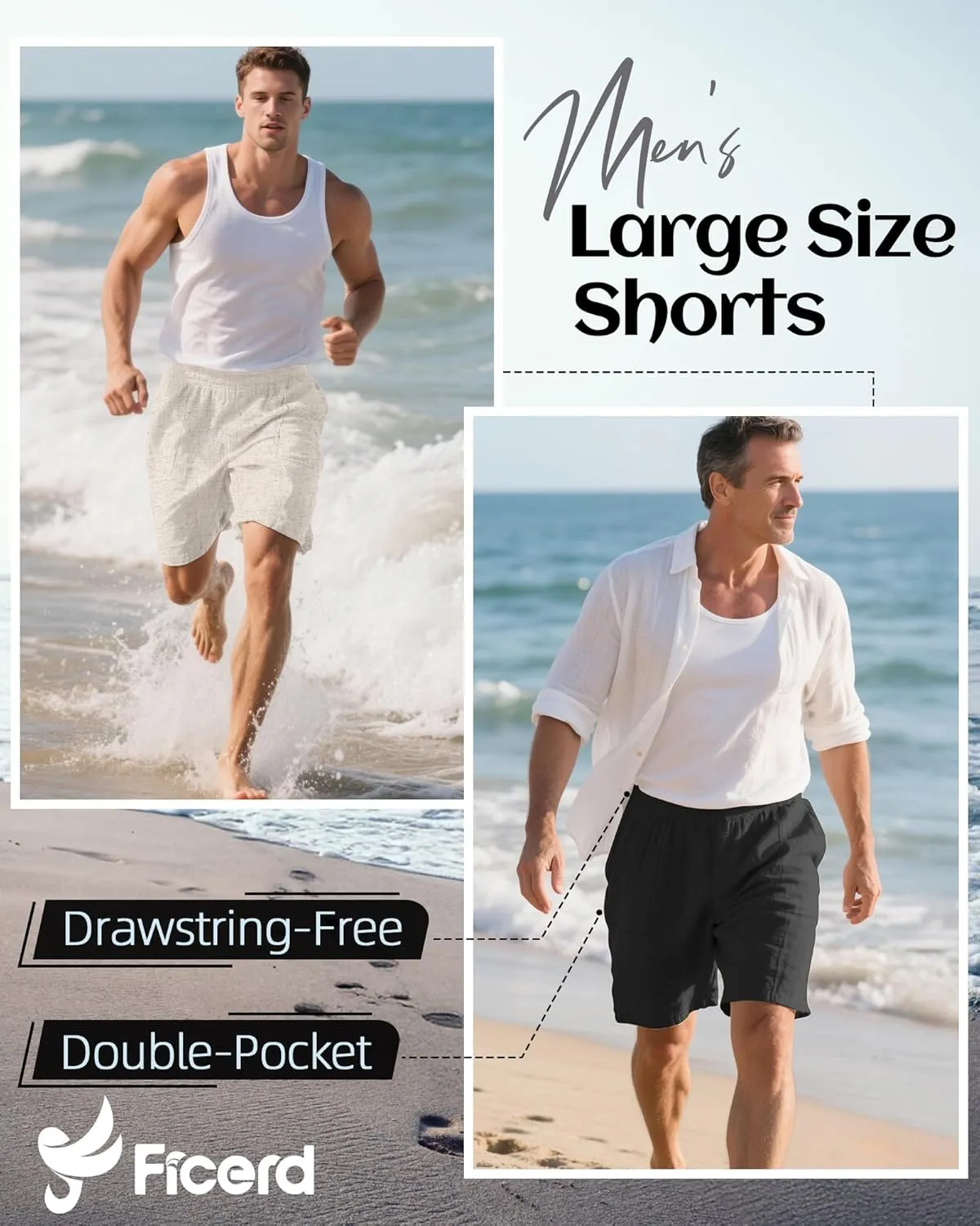Ficerd 2 Pack Men's Big and Tall Linen Bermuda Shorts, Summer Casual Elastic Waist Flat Front Beach Shorts Pants with Pockets