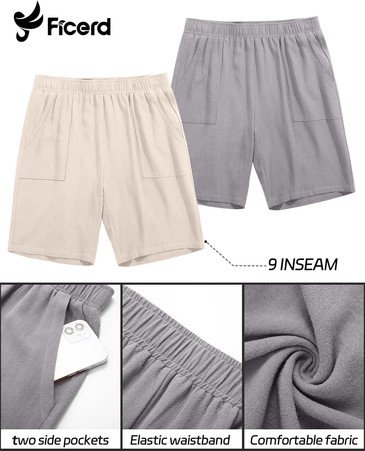 Ficerd 2 Pack Men's Big and Tall Linen Bermuda Shorts, Summer Casual Elastic Waist Flat Front Beach Shorts Pants with Pockets