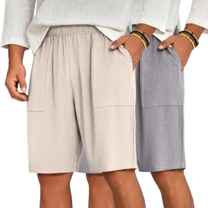 Ficerd 2 Pack Men's Big and Tall Linen Bermuda Shorts, Summer Casual Elastic Waist Flat Front Beach Shorts Pants with Pockets