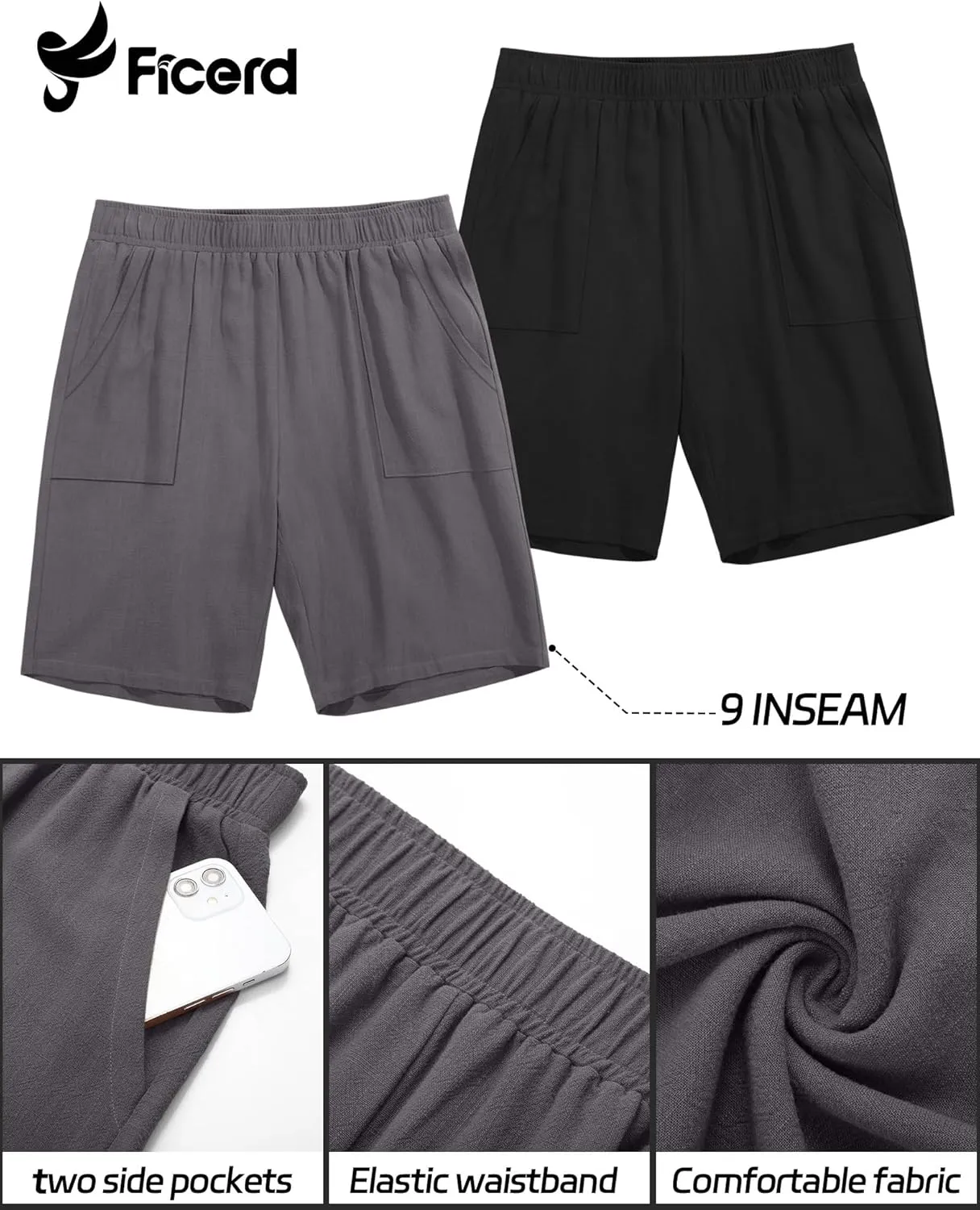 Ficerd 2 Pack Men's Big and Tall Linen Bermuda Shorts, Summer Casual Elastic Waist Flat Front Beach Shorts Pants with Pockets