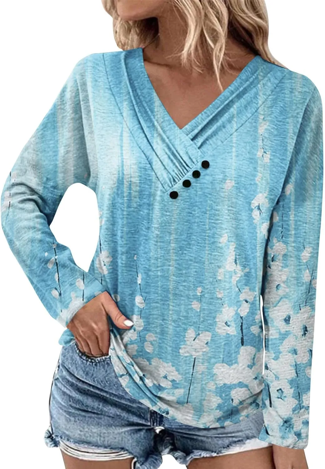 FlekmanArt Sweatshirt for Women Chest Panel Ruched Long Sleeve Outfits Button V Neck Printing T Shirt Comfy Sweatshirts