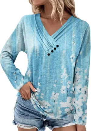 FlekmanArt Sweatshirt for Women Chest Panel Ruched Long Sleeve Outfits Button V Neck Printing T Shirt Comfy Sweatshirts