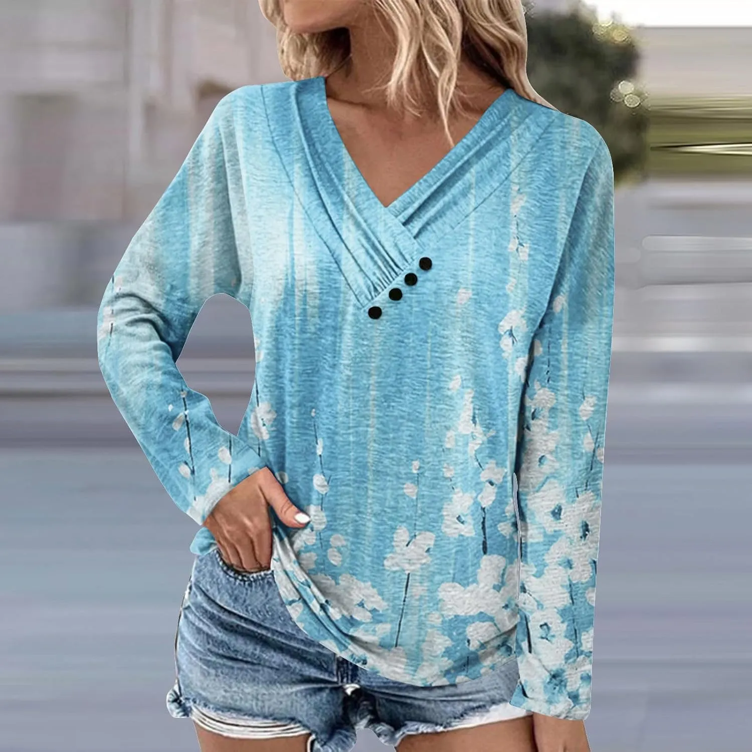 FlekmanArt Sweatshirt for Women Chest Panel Ruched Long Sleeve Outfits Button V Neck Printing T Shirt Comfy Sweatshirts