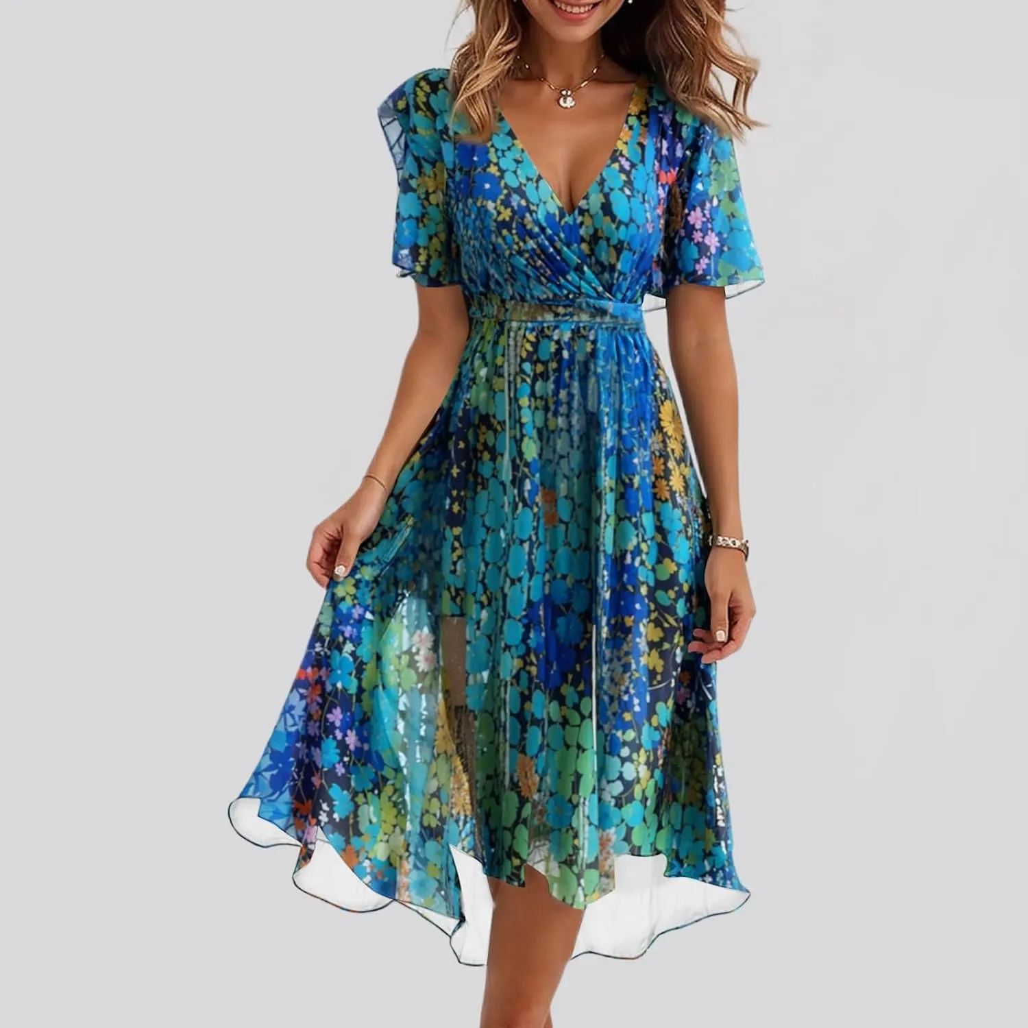 Floral Chiffon Midi Cocktail Dresses for Women 2025 Elegant Classy Summer Beach Flowy Sexy Deep V Neck Wrap Dress