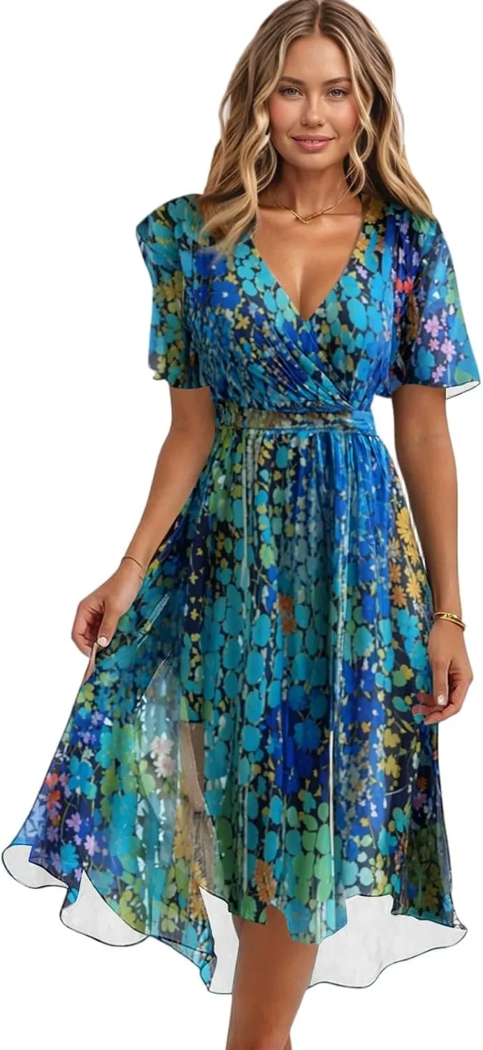 Floral Chiffon Midi Cocktail Dresses for Women 2025 Elegant Classy Summer Beach Flowy Sexy Deep V Neck Wrap Dress