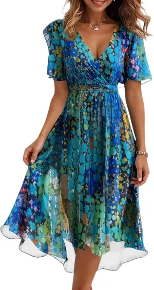 Floral Chiffon Midi Cocktail Dresses for Women 2025 Elegant Classy Summer Beach Flowy Sexy Deep V Neck Wrap Dress