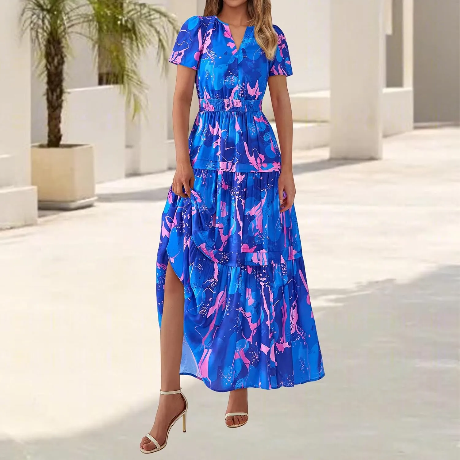 Floral Dress for Women Summer Boho Maxi Dresses Casual Short Sleeve V Neck Long Dresses A Line Tiered Flowy Sundresses