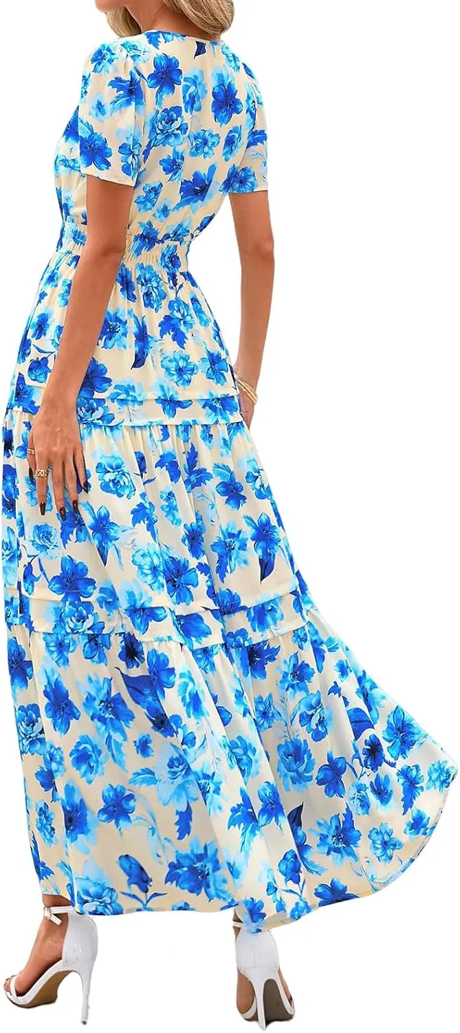 Floral Dress for Women Summer Boho Maxi Dresses Casual Short Sleeve V Neck Long Dresses A Line Tiered Flowy Sundresses
