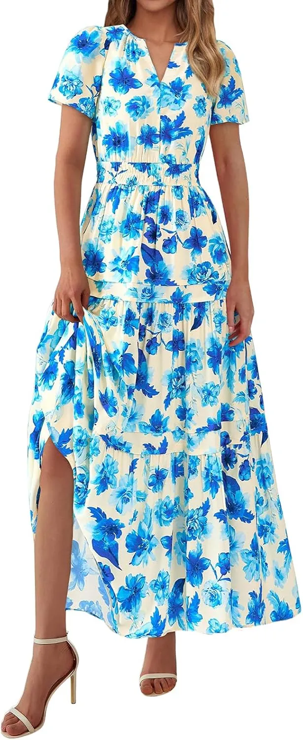 Floral Dress for Women Summer Boho Maxi Dresses Casual Short Sleeve V Neck Long Dresses A Line Tiered Flowy Sundresses