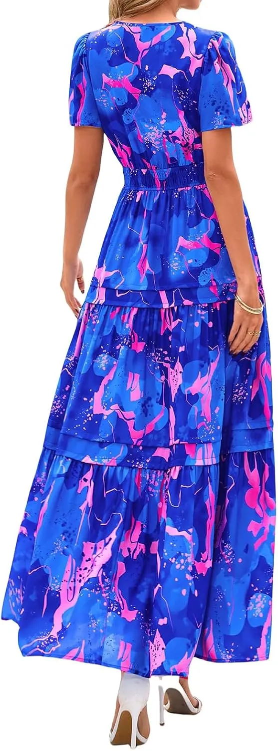Floral Dress for Women Summer Boho Maxi Dresses Casual Short Sleeve V Neck Long Dresses A Line Tiered Flowy Sundresses