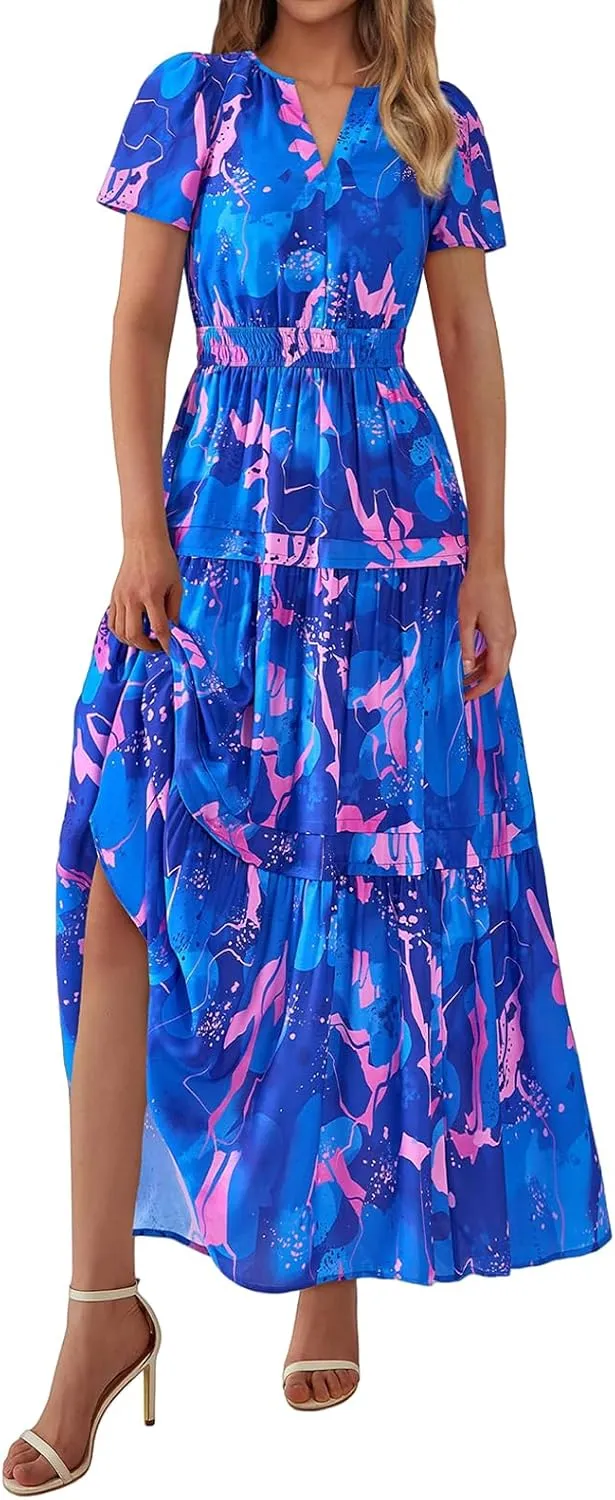 Floral Dress for Women Summer Boho Maxi Dresses Casual Short Sleeve V Neck Long Dresses A Line Tiered Flowy Sundresses