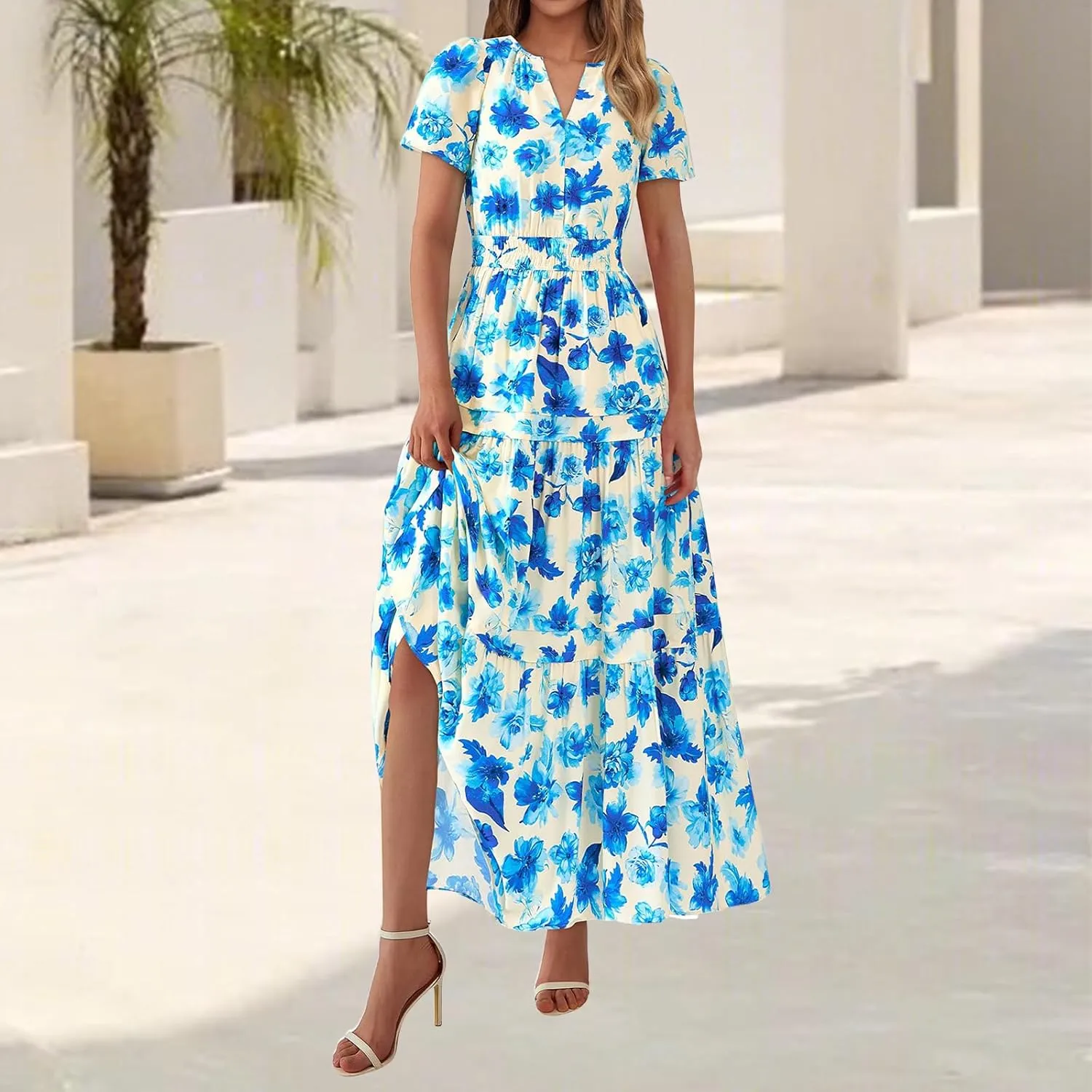 Floral Dress for Women Summer Boho Maxi Dresses Casual Short Sleeve V Neck Long Dresses A Line Tiered Flowy Sundresses