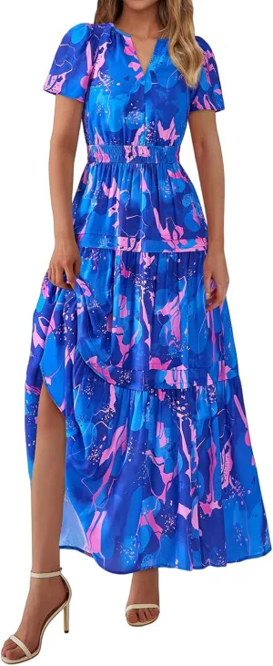 Floral Dress for Women Summer Boho Maxi Dresses Casual Short Sleeve V Neck Long Dresses A Line Tiered Flowy Sundresses