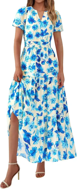 Floral Dress for Women Summer Boho Maxi Dresses Casual Short Sleeve V Neck Long Dresses A Line Tiered Flowy Sundresses