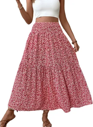 Floral Maxi Skirt for Women Smocked High Waist Skirt A-Line Flowy Ruffle Long Skirts Boho Vacation Long Skirts
