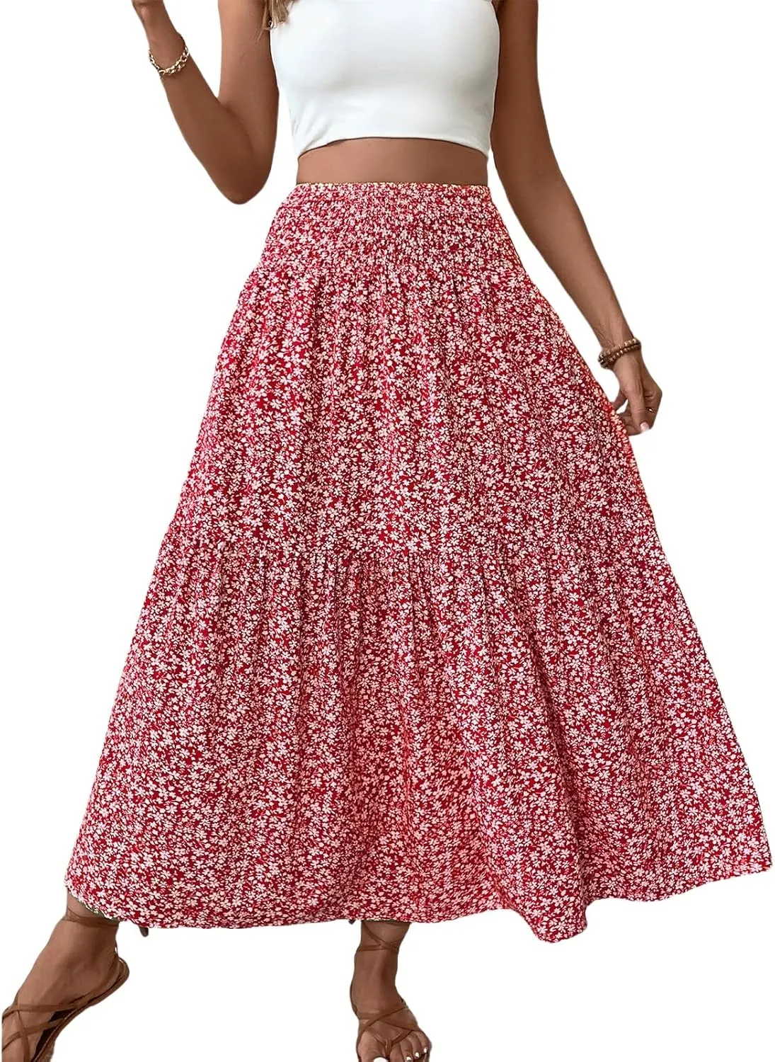 Floral Maxi Skirt for Women Smocked High Waist Skirt A-Line Flowy Ruffle Long Skirts Boho Vacation Long Skirts