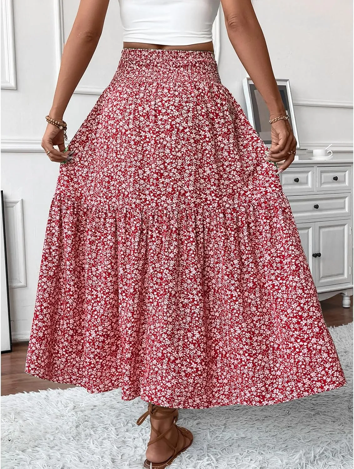 Floral Maxi Skirt for Women Smocked High Waist Skirt A-Line Flowy Ruffle Long Skirts Boho Vacation Long Skirts