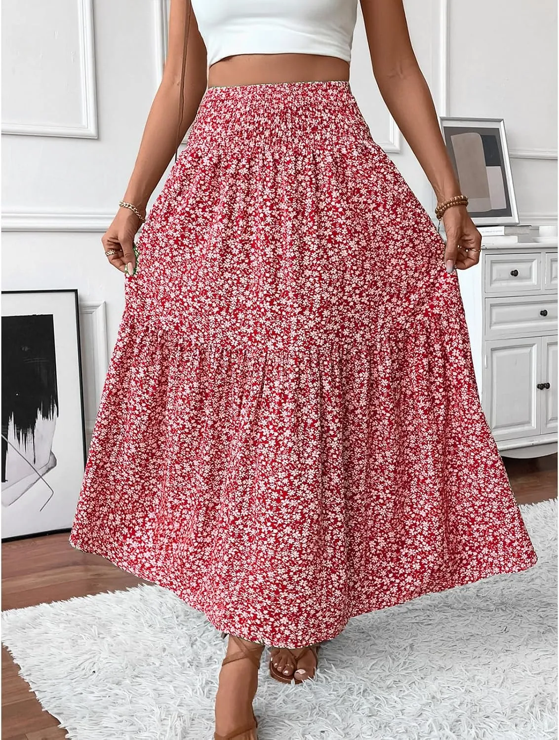 Floral Maxi Skirt for Women Smocked High Waist Skirt A-Line Flowy Ruffle Long Skirts Boho Vacation Long Skirts